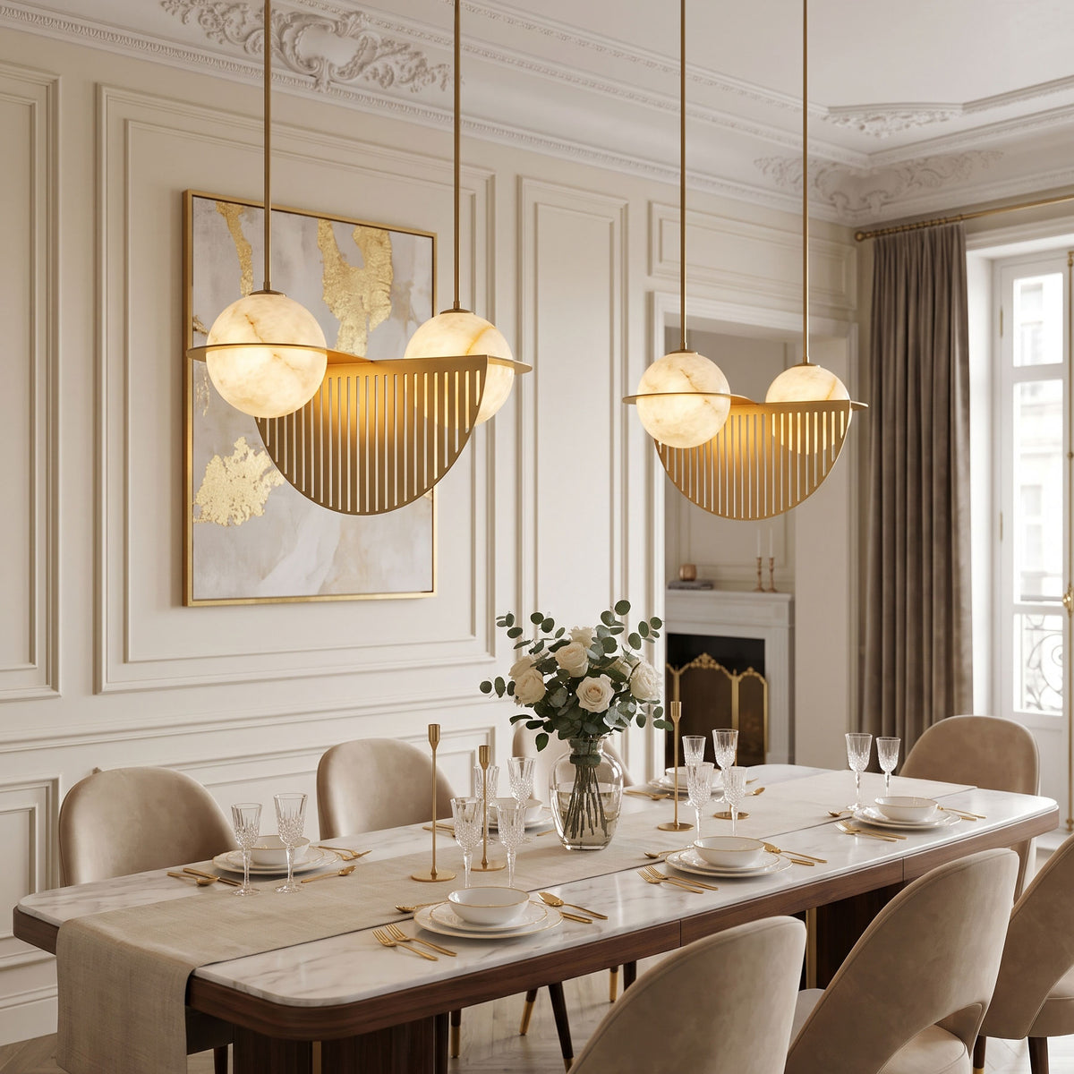 Osias Curved Chandelier hanging over a table