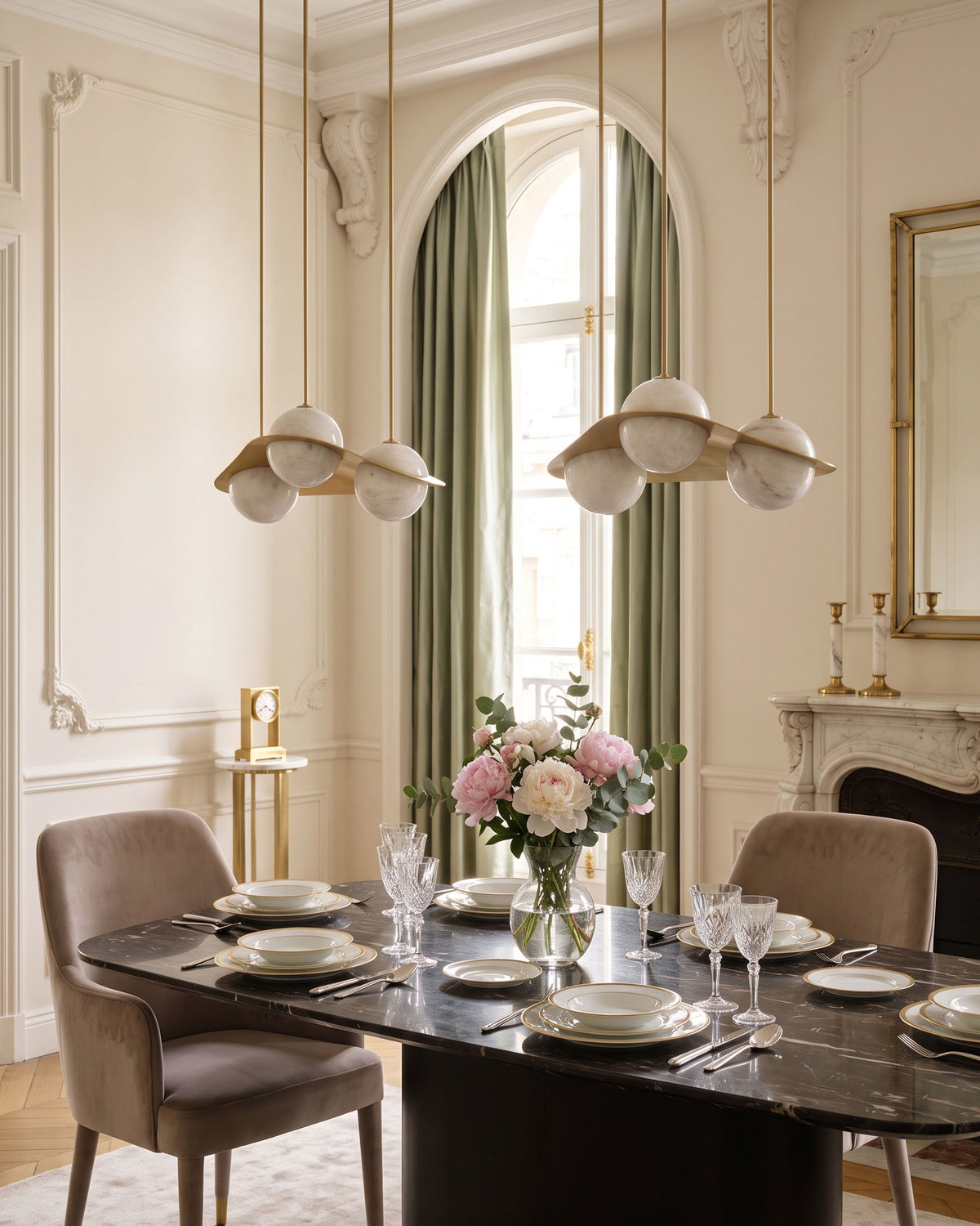Osias Curved Chandelier alabaster globe and curved frame detail