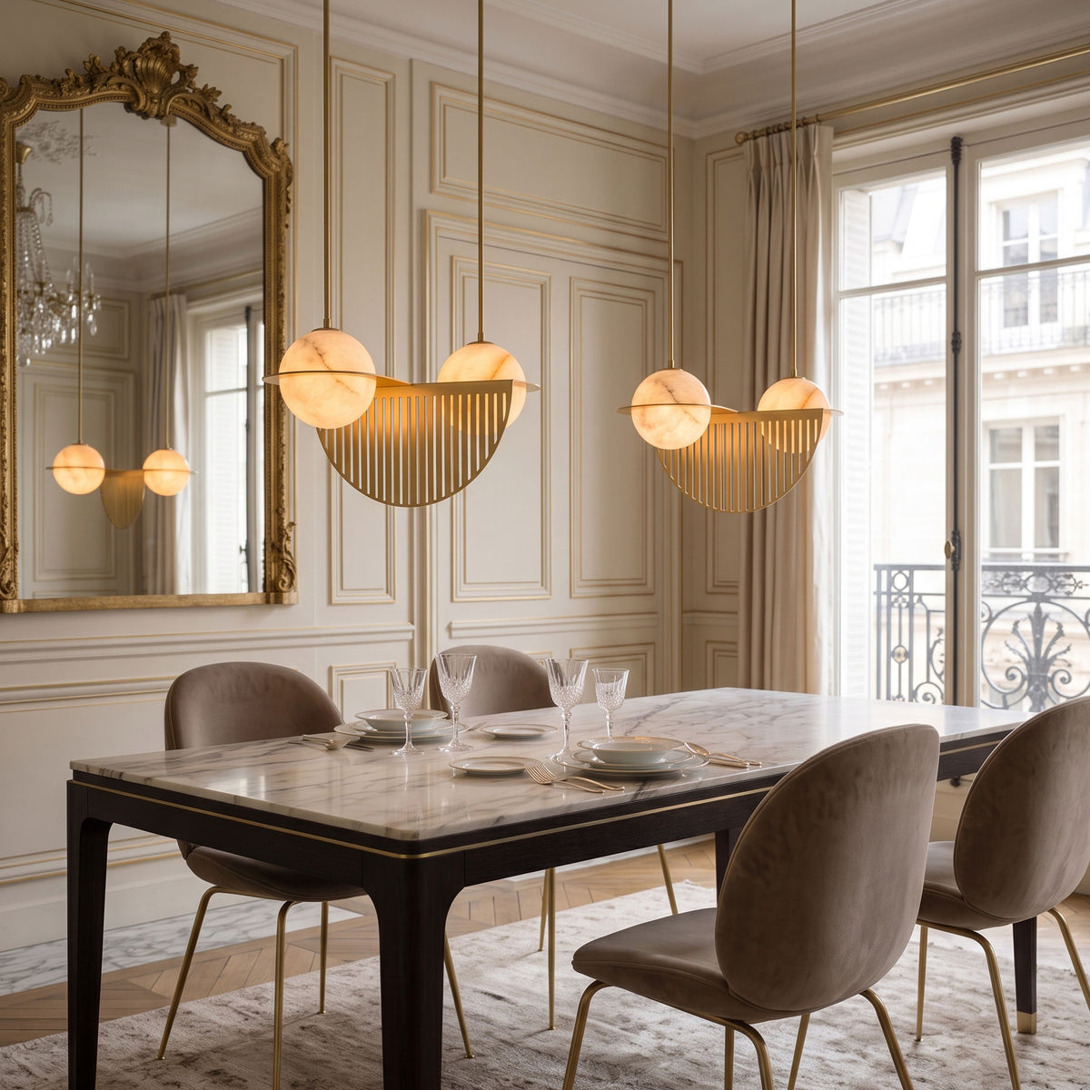 Osias Curved Chandelier lit in a room setting